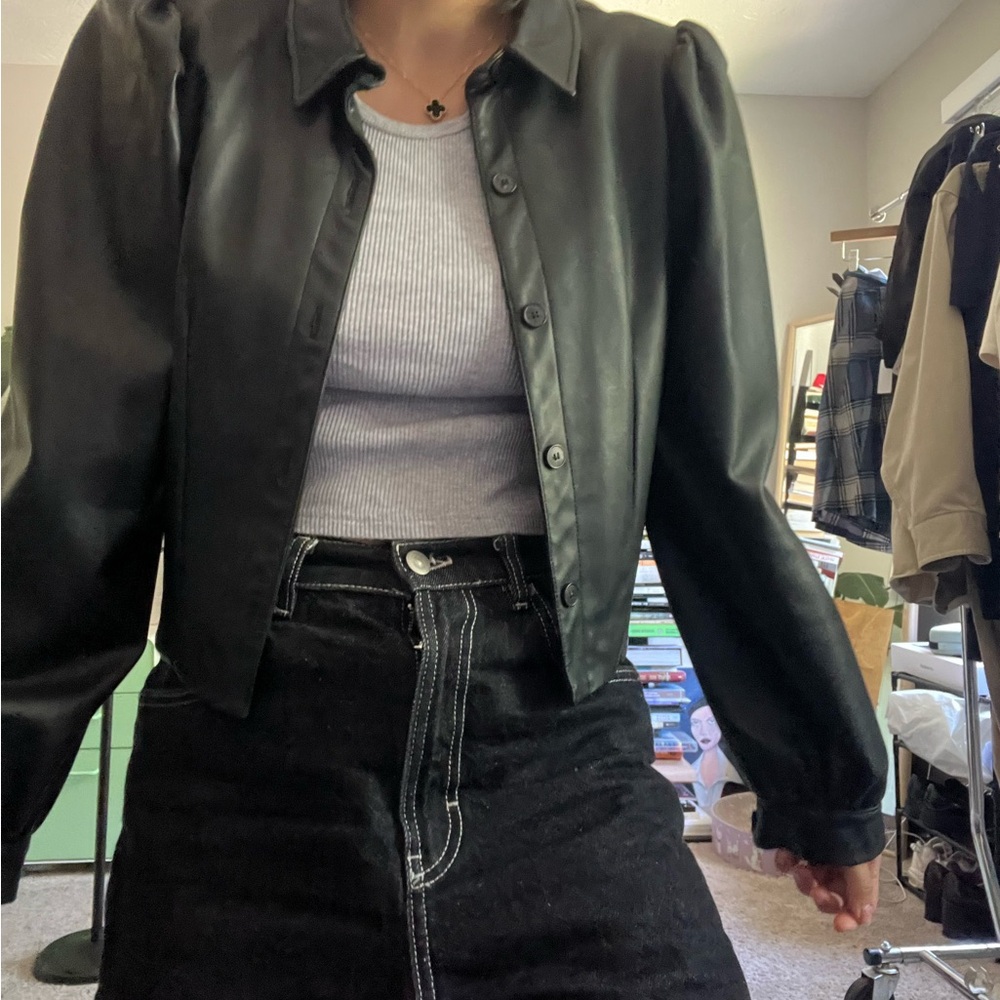 Zara Black Leather Jacket Cropped Design XS